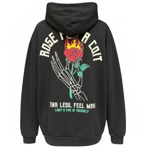 GSTR Black Graphic Hoodie Burning Rose Skeleton Hand Size Large Streetwear